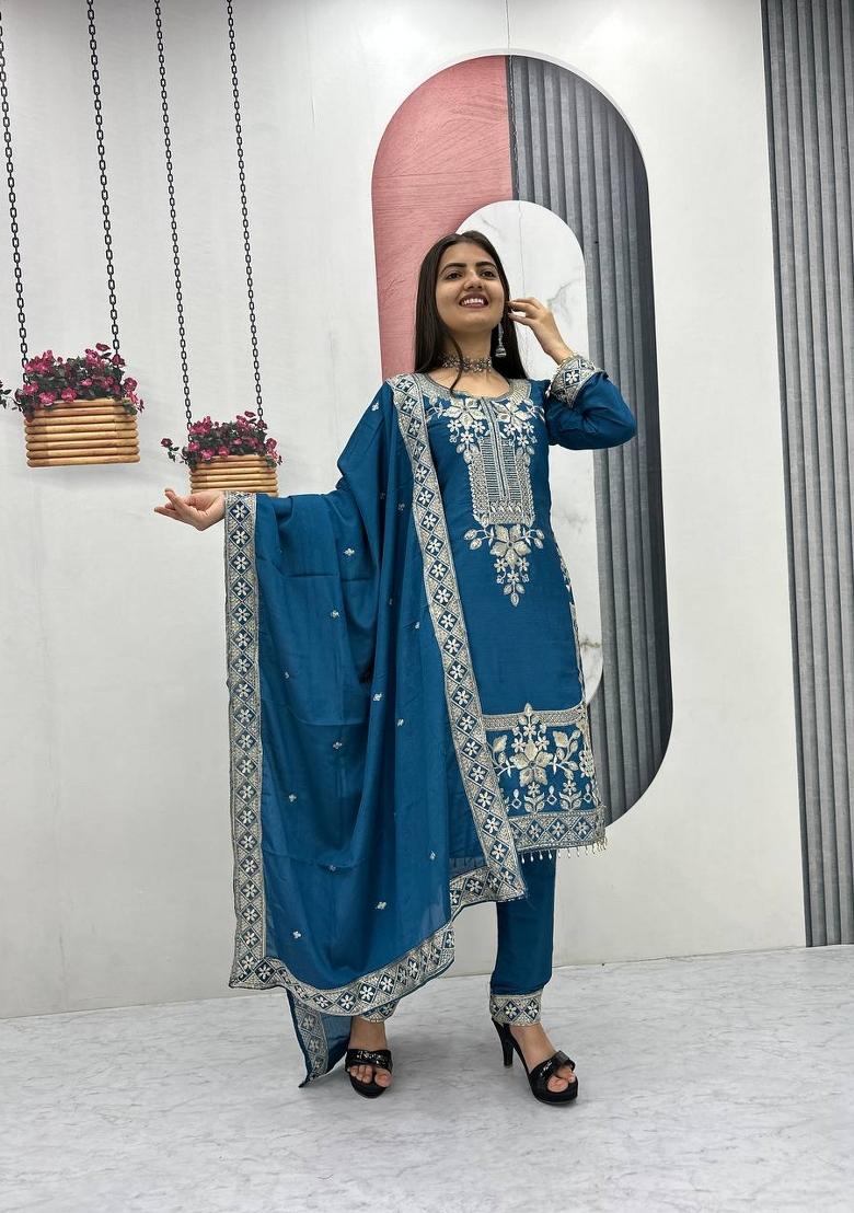 Teal Zari Work Silk Blend salwar suit - Indya