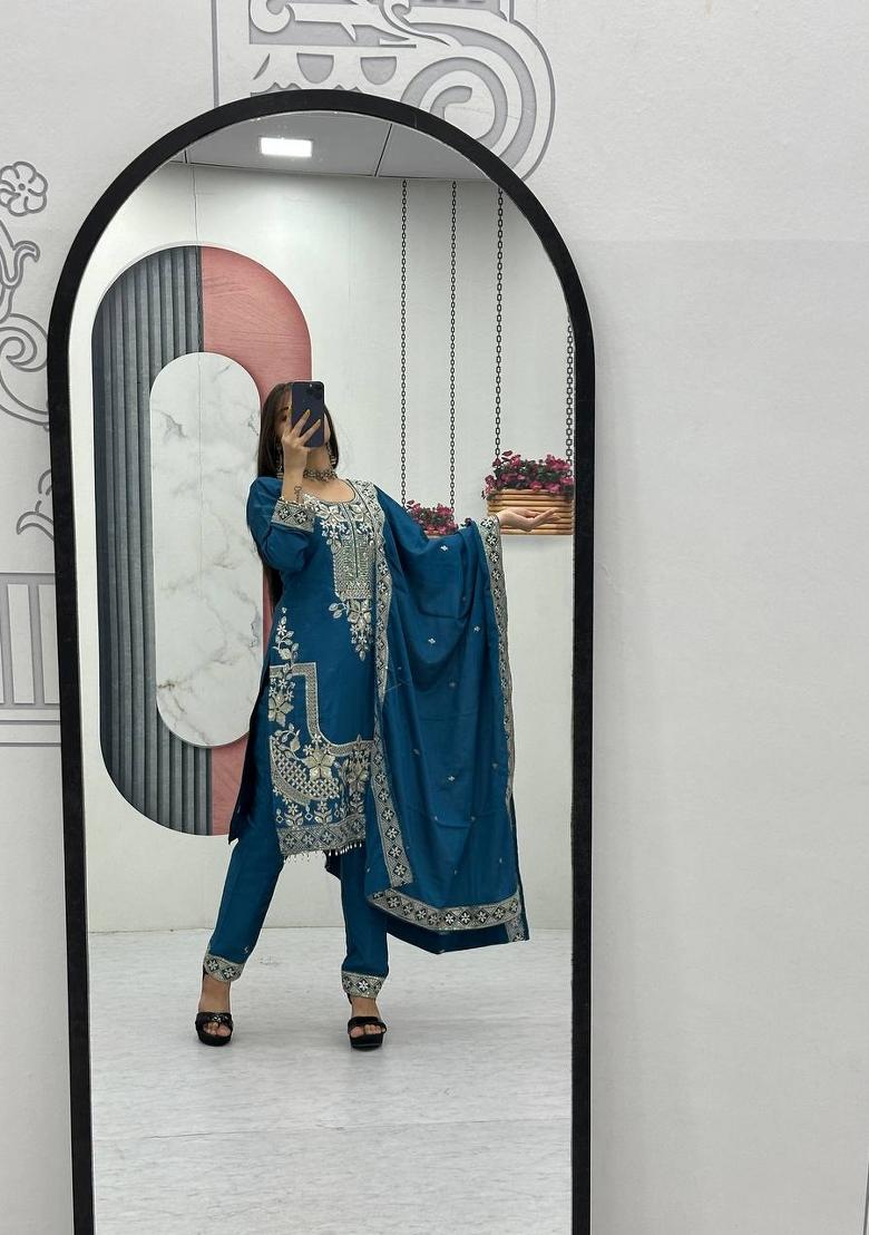 Teal Zari Work Silk Blend salwar suit - Indya