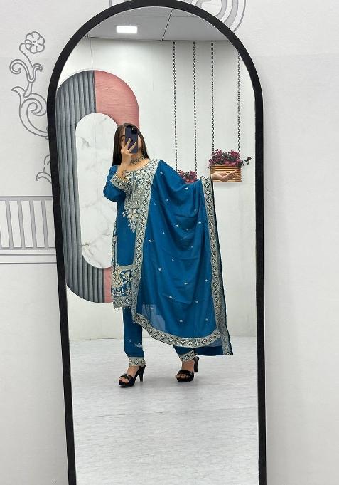 Teal Zari Work Silk salwar suit