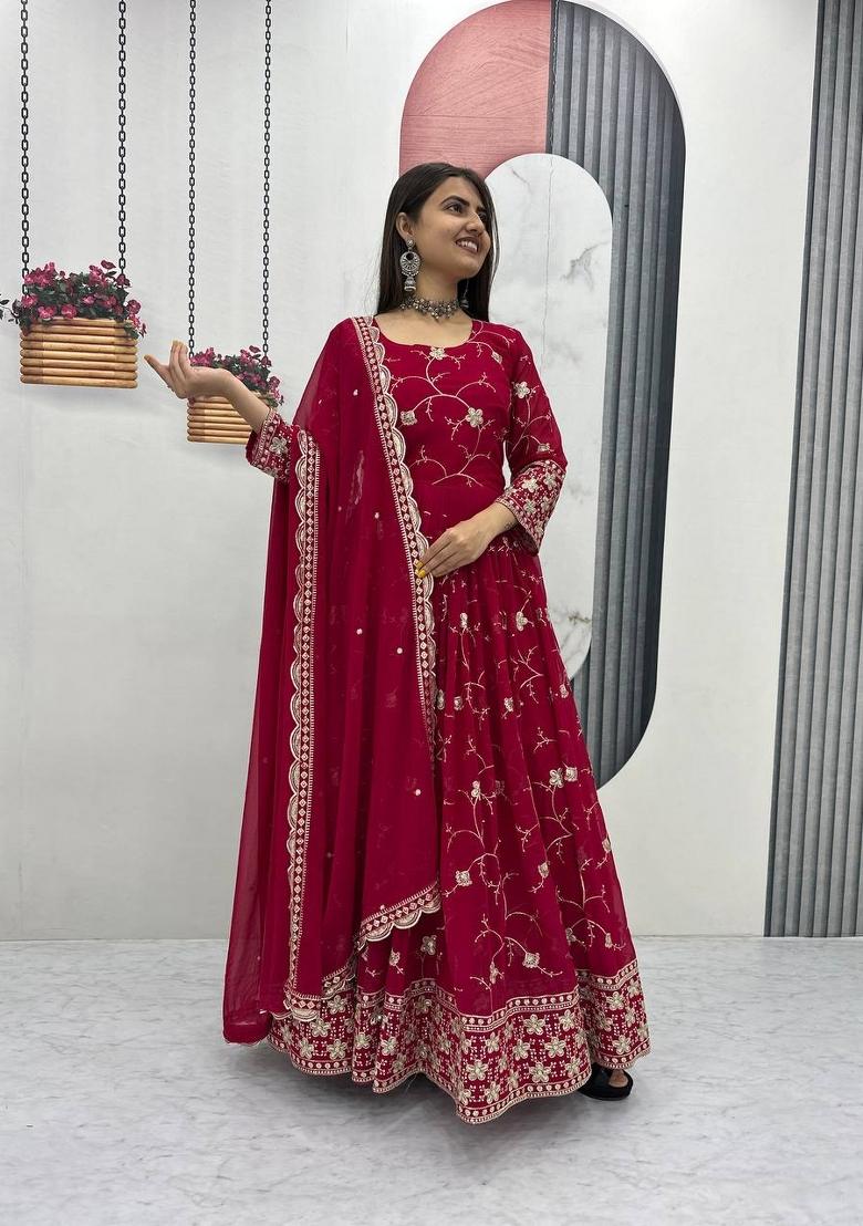 Red Zari Work faux georgette salwar suit - Indya