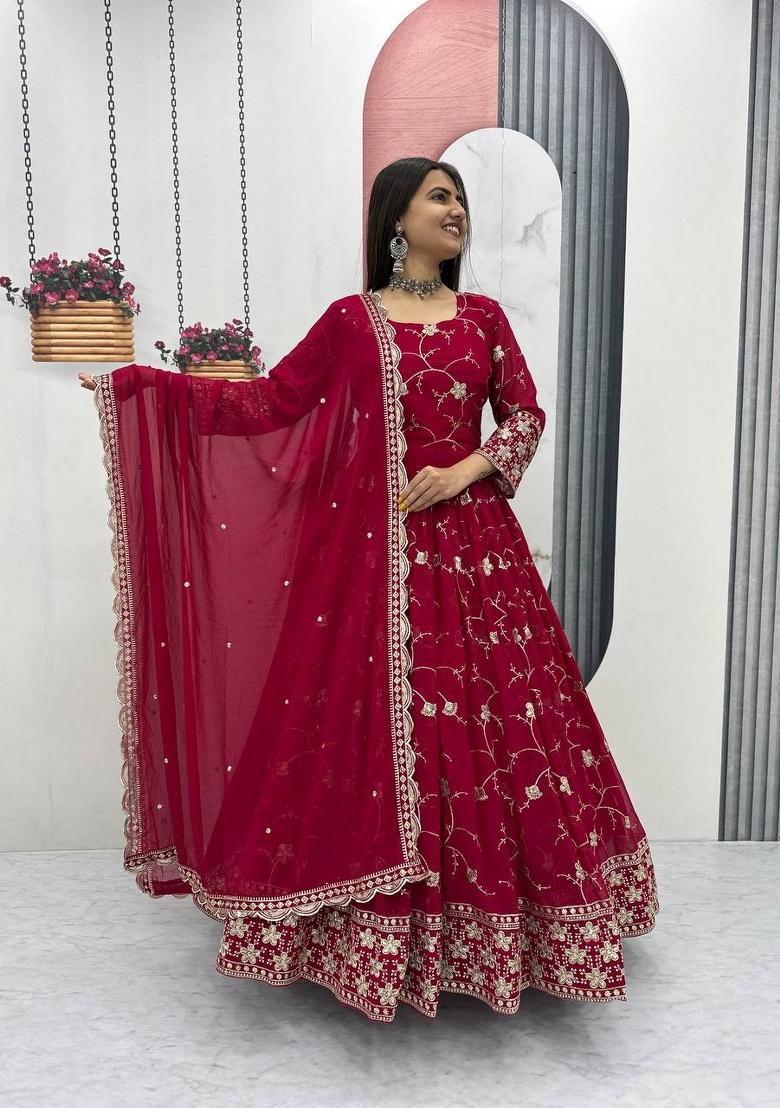 Red Zari Work faux georgette salwar suit - Indya
