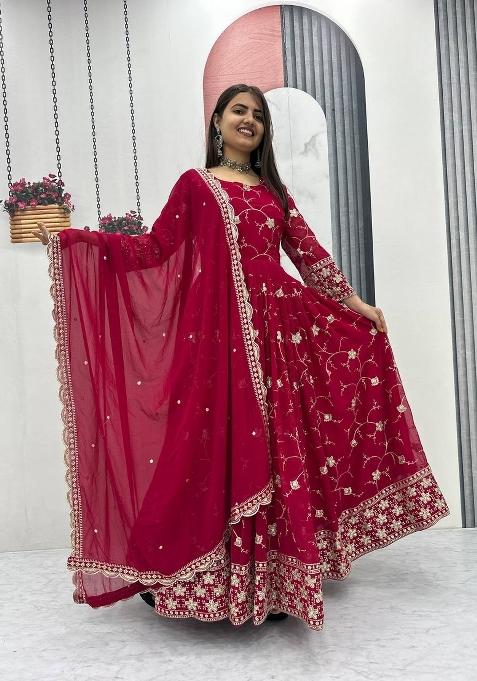 Red Zari Work faux georgette salwar suit