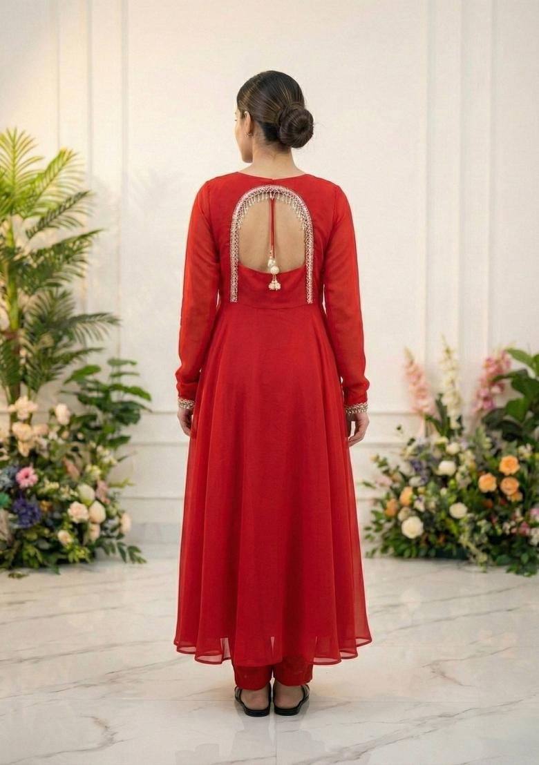 Red Zari Work georgette salwar suit - Indya