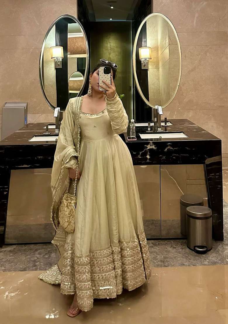 Cream Zari Work Silk Blend salwar suit - Indya