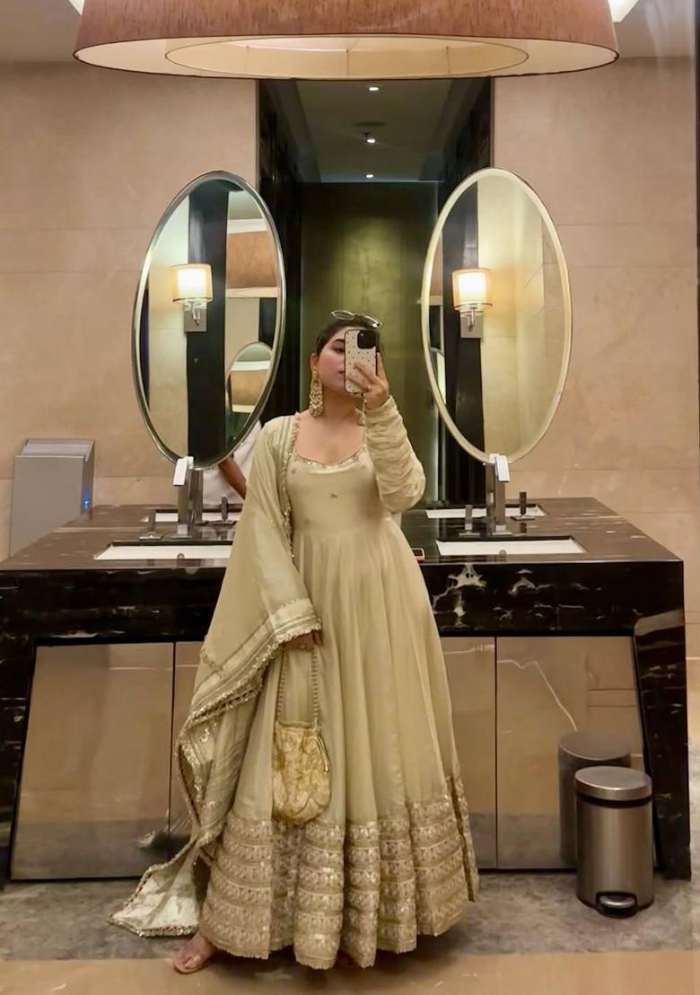 Cream Zari Work Silk Blend salwar suit - Indya