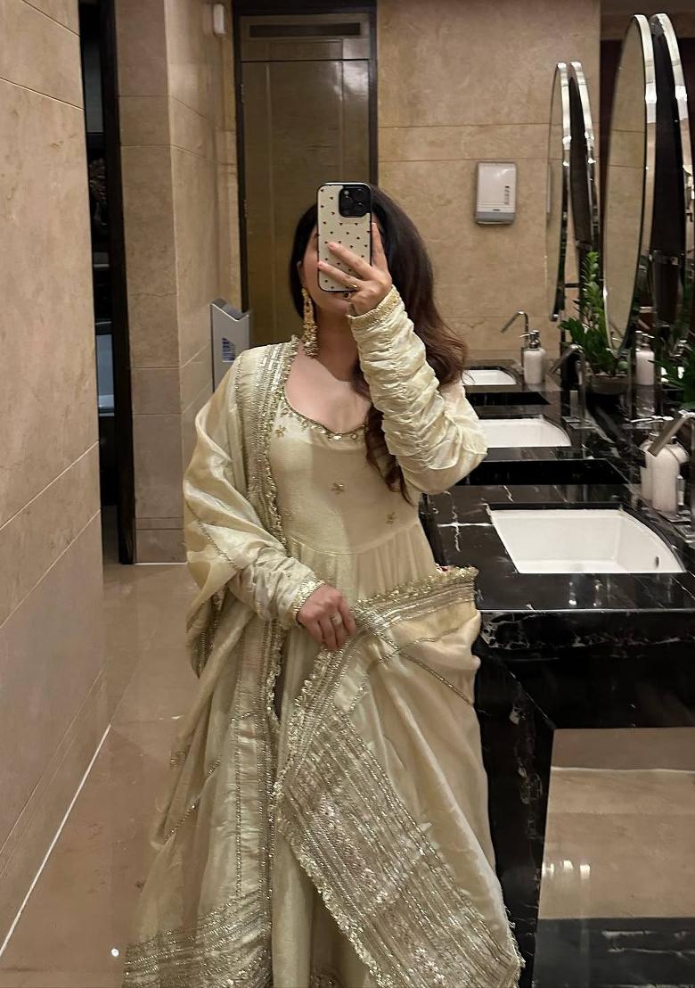 Cream Zari Work Silk Blend salwar suit - Indya