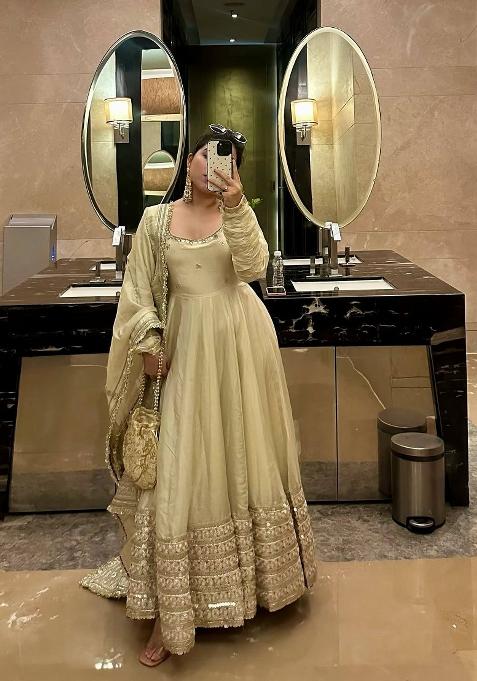Cream Zari Work Silk salwar suit