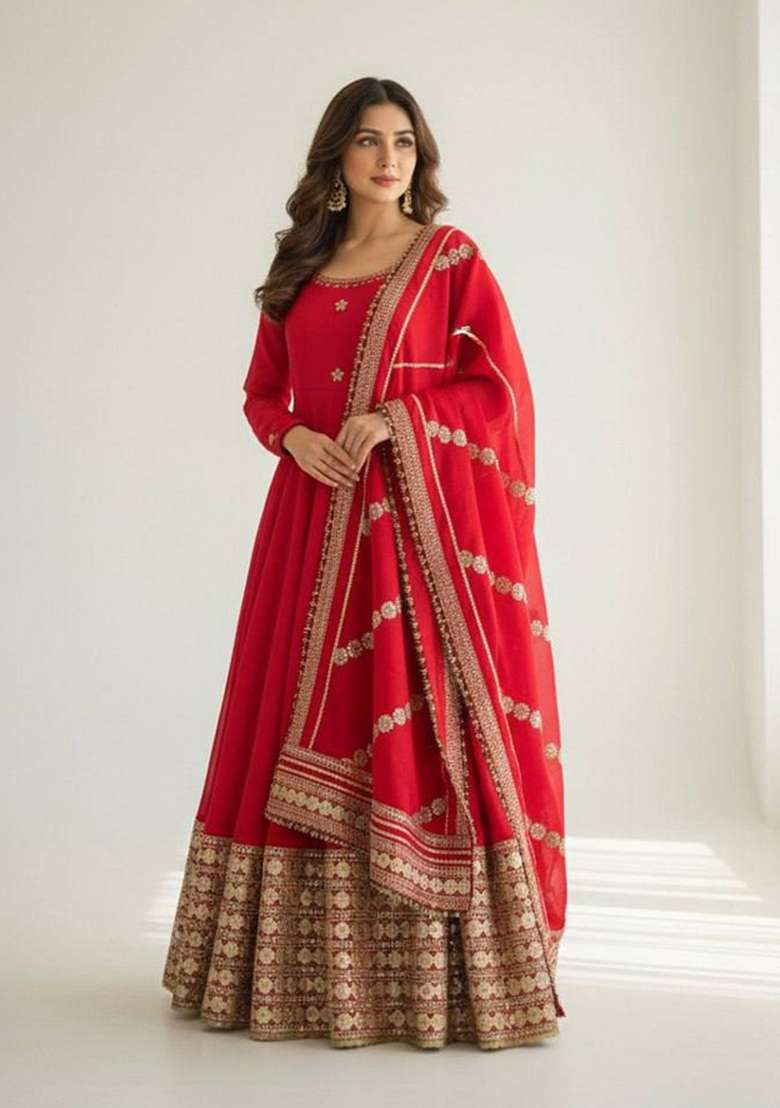 Red Zari Work Silk Blend salwar suit - Indya