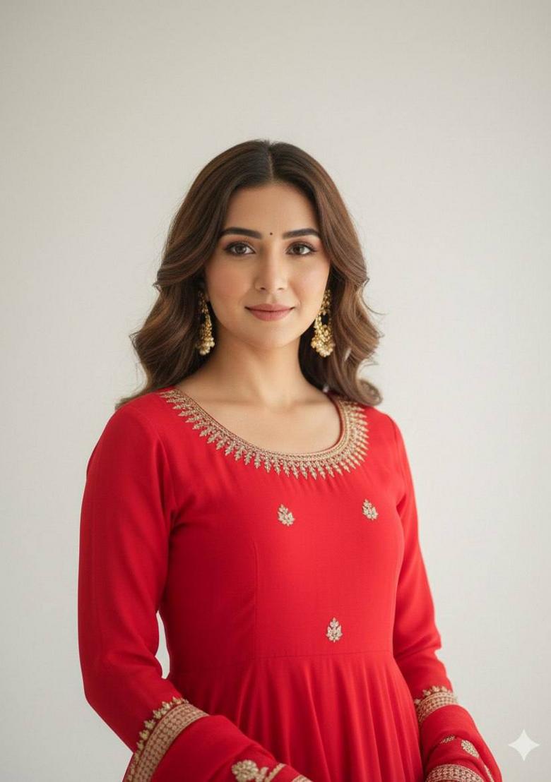 Red Zari Work Silk Blend salwar suit - Indya
