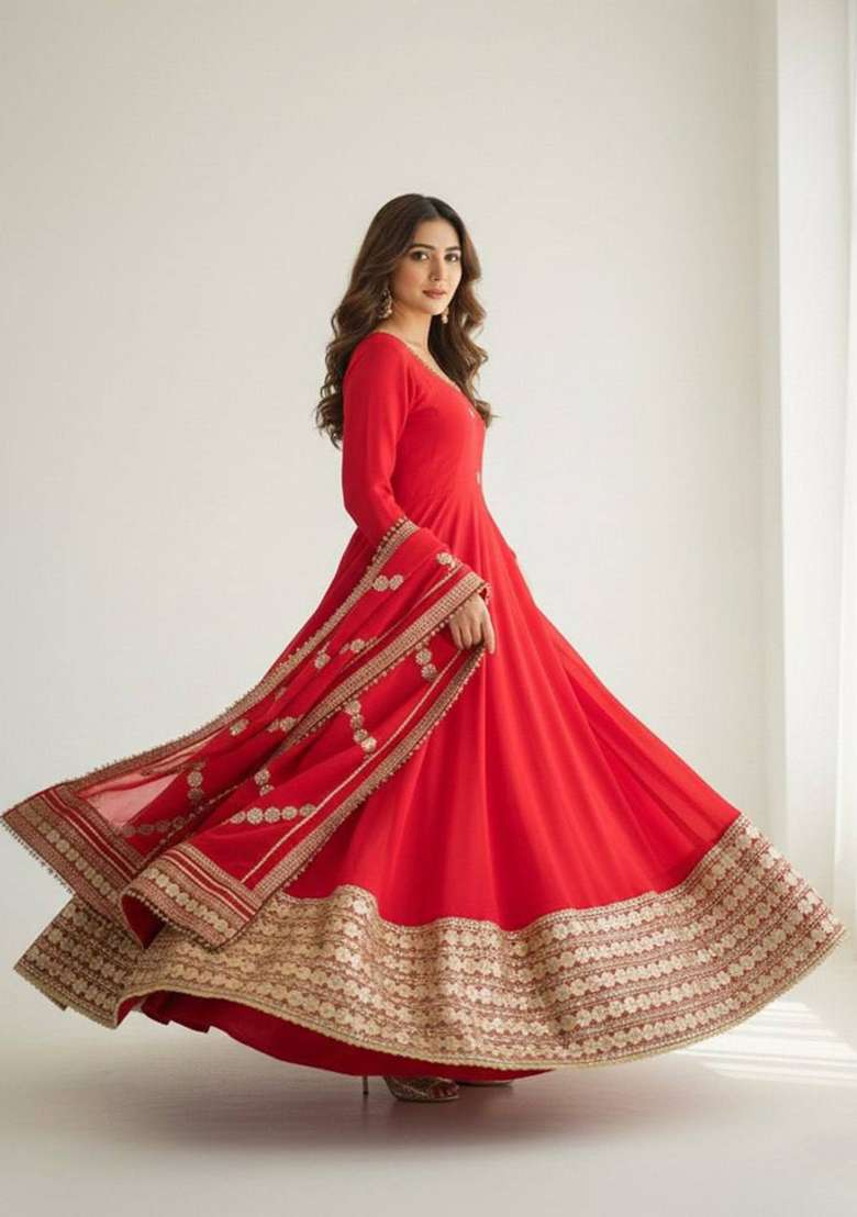 Red Zari Work Silk Blend salwar suit - Indya