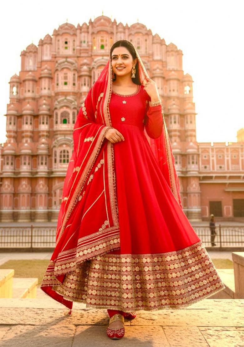 Red Zari Work Silk Blend salwar suit - Indya