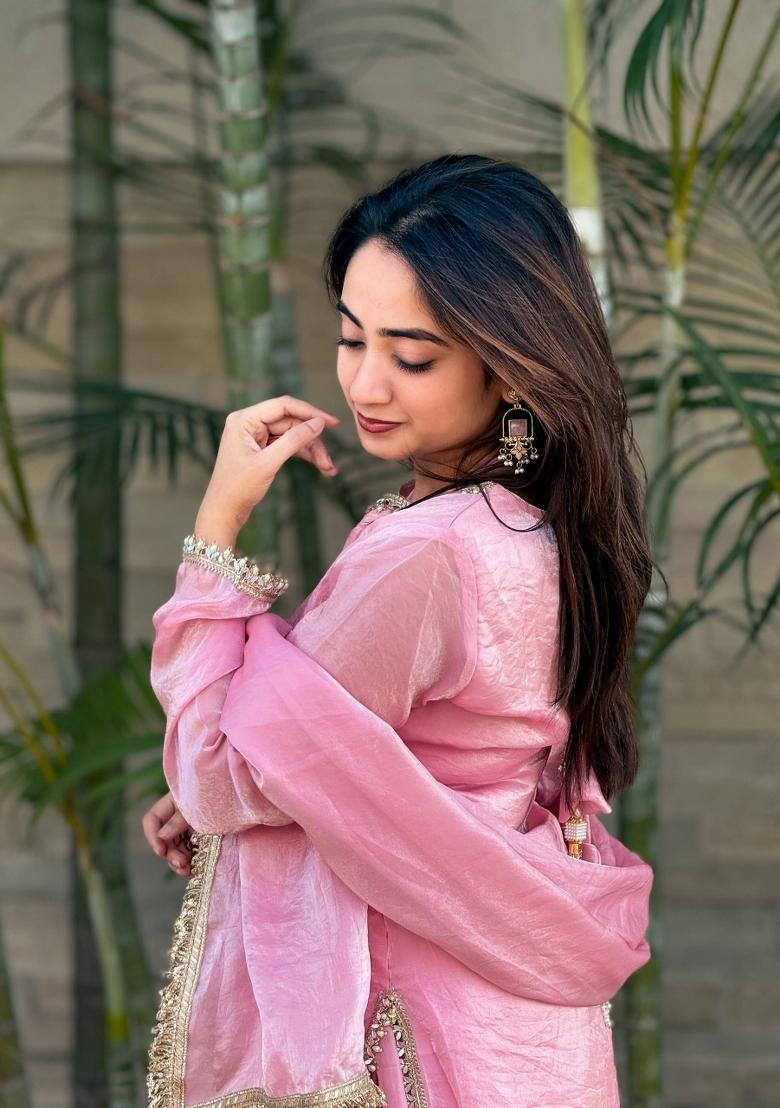 baby pink Zari Work satin salwar suit - Indya