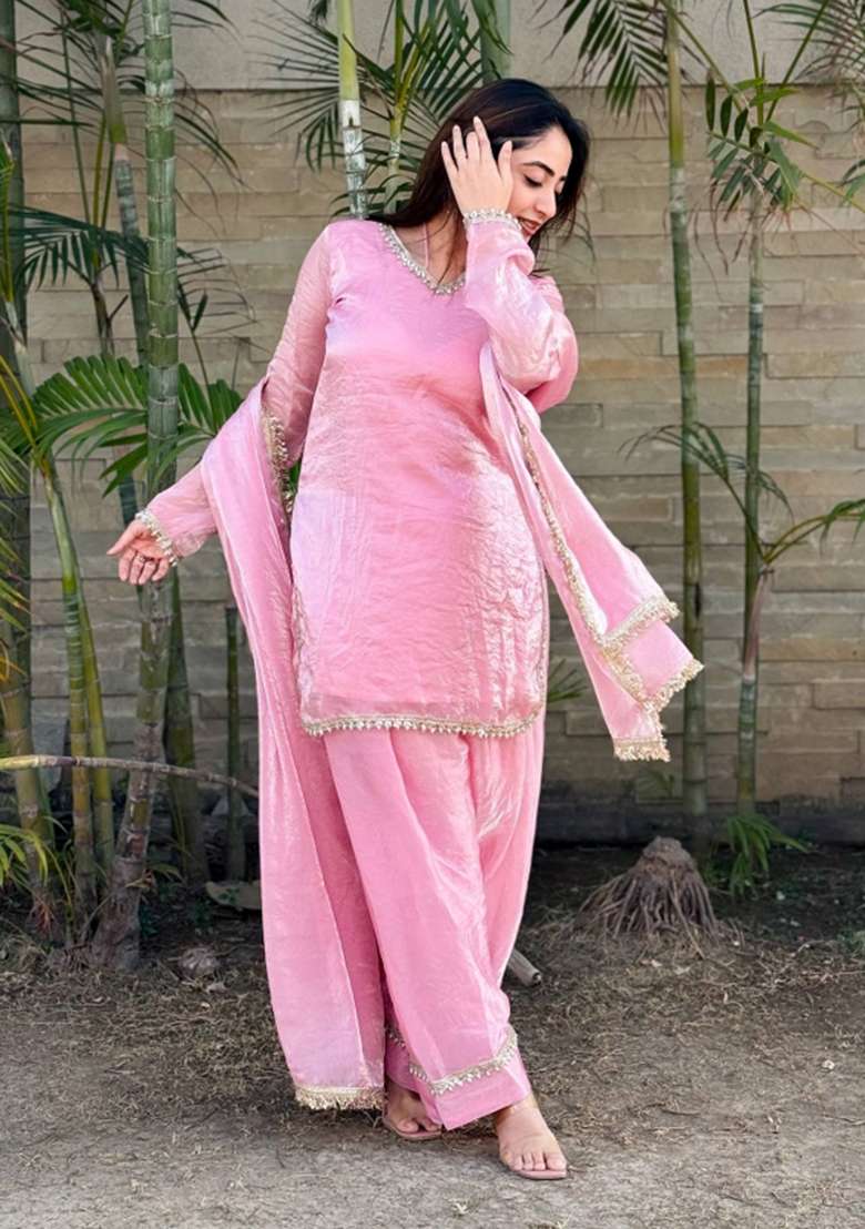 baby pink Zari Work satin salwar suit - Indya