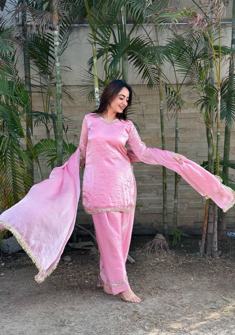 baby pink Zari Work satin salwar suit - Indya