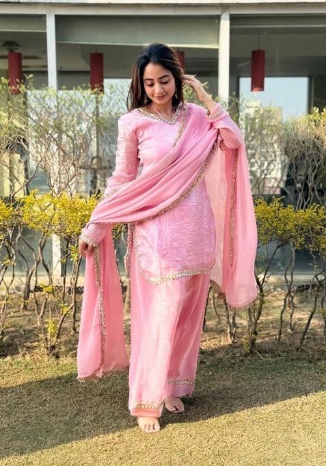 baby pink Zari Work satin salwar suit