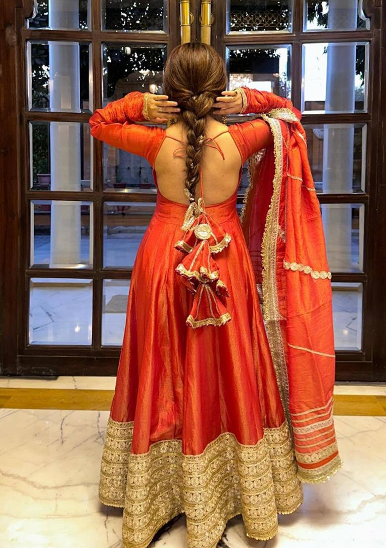 Orange Zari Work Silk Blend salwar suit - Indya