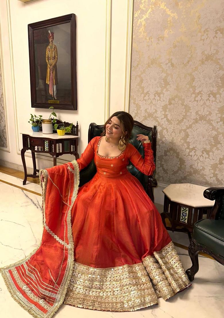 Orange Zari Work Silk Blend salwar suit - Indya