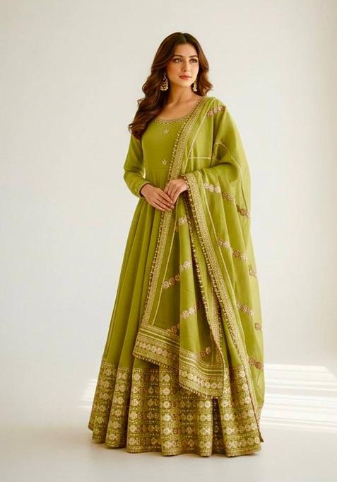light green Zari Work Silk salwar suit