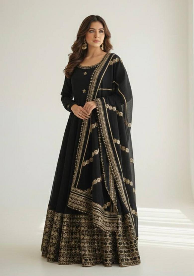 Black Zari Work Silk Blend salwar suit - Indya