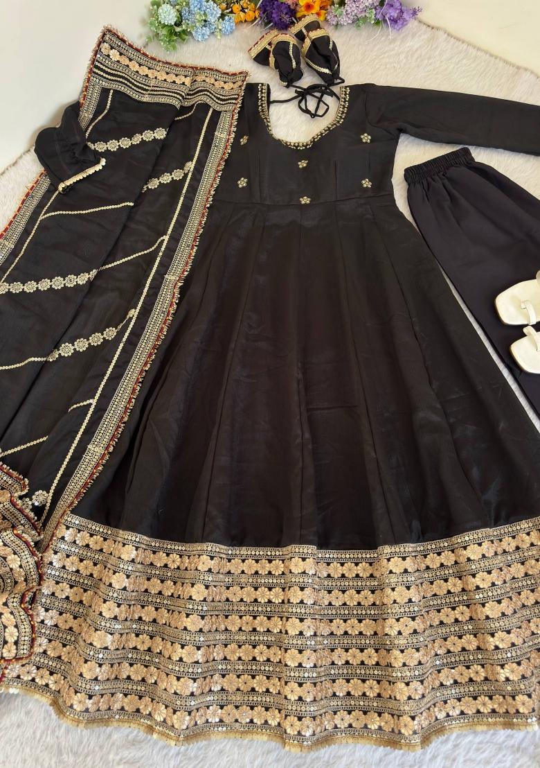 Black Zari Work Silk Blend salwar suit - Indya
