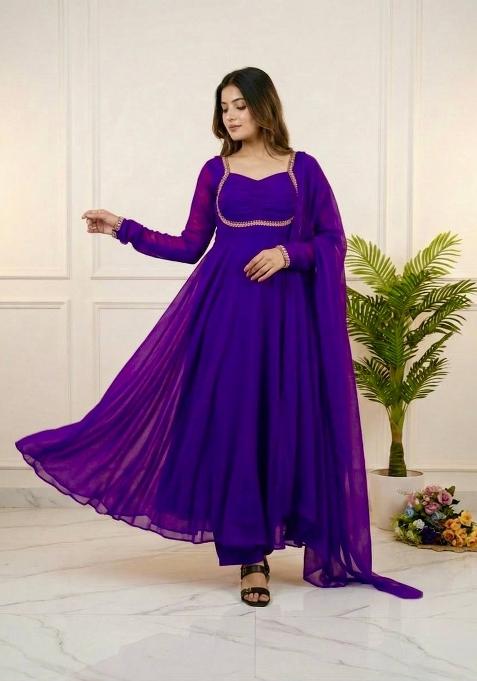 purple Zari Work faux georgette salwar suit