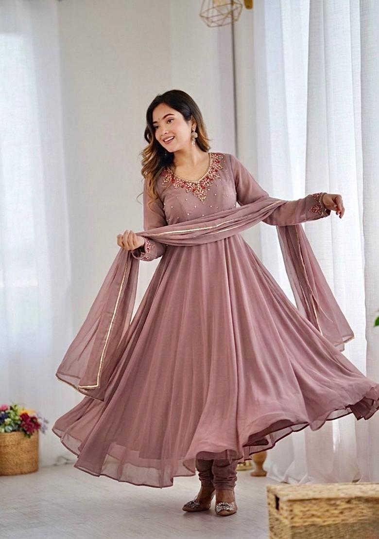 beige Zari Work faux georgette salwar suit - Indya