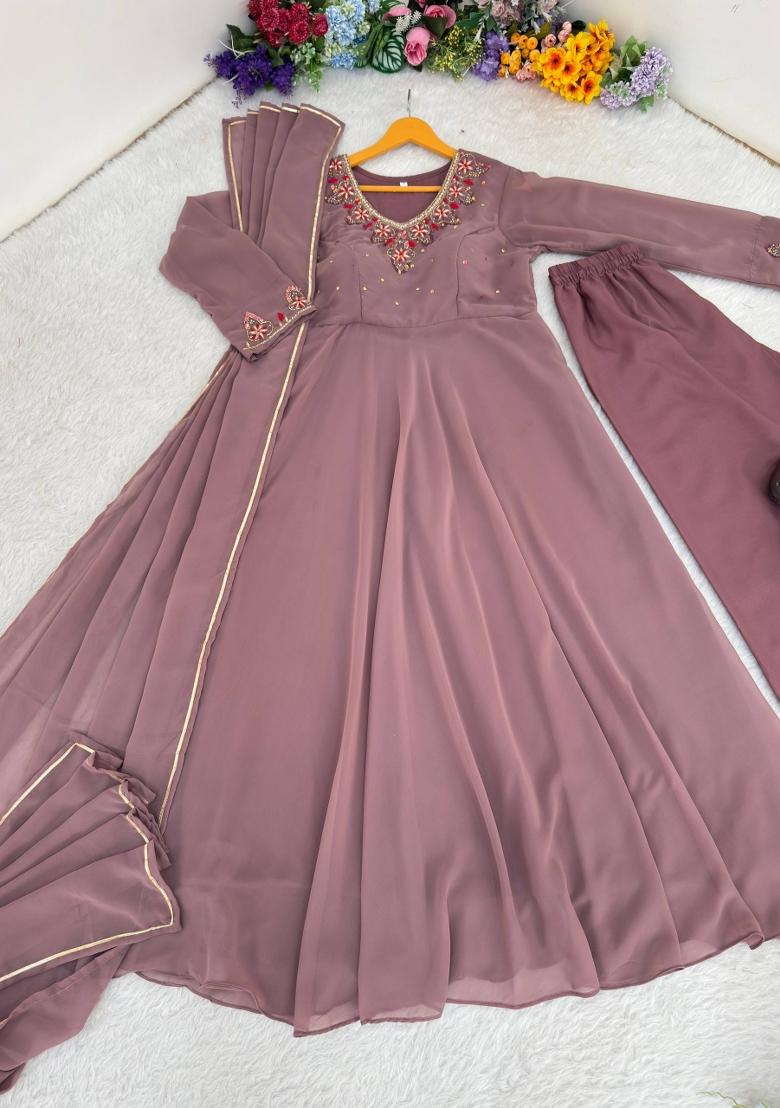 beige Zari Work faux georgette salwar suit - Indya