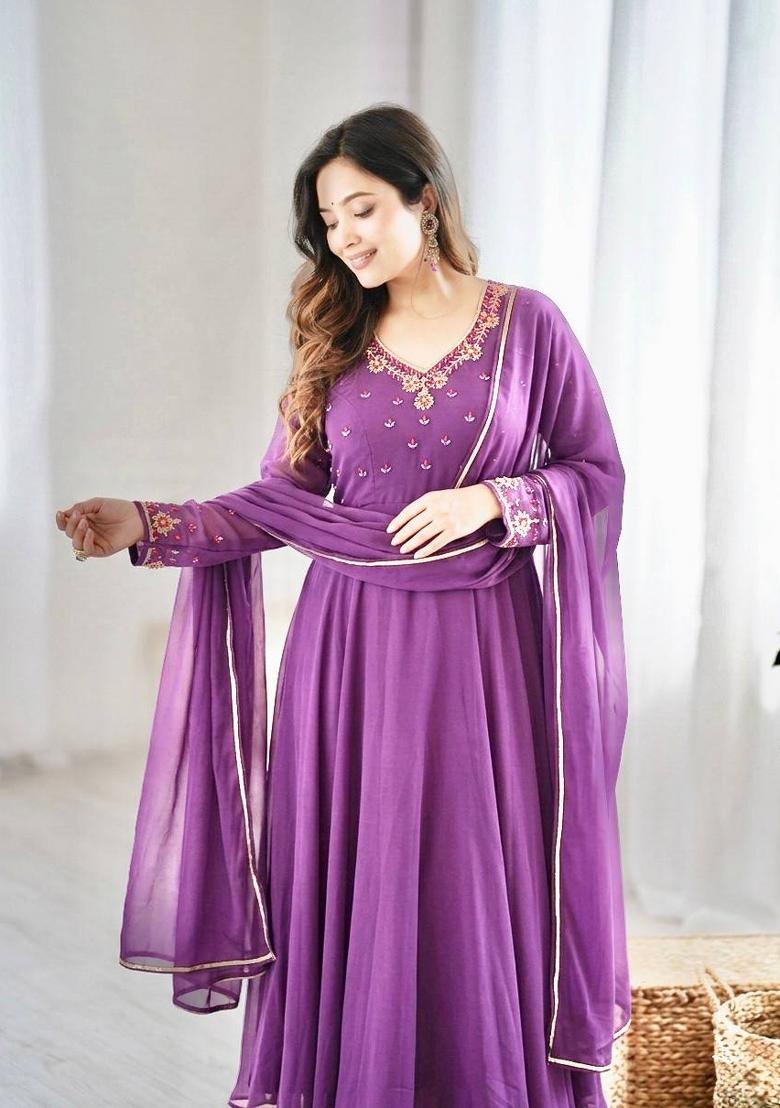 lavender Zari Work faux georgette salwar suit - Indya