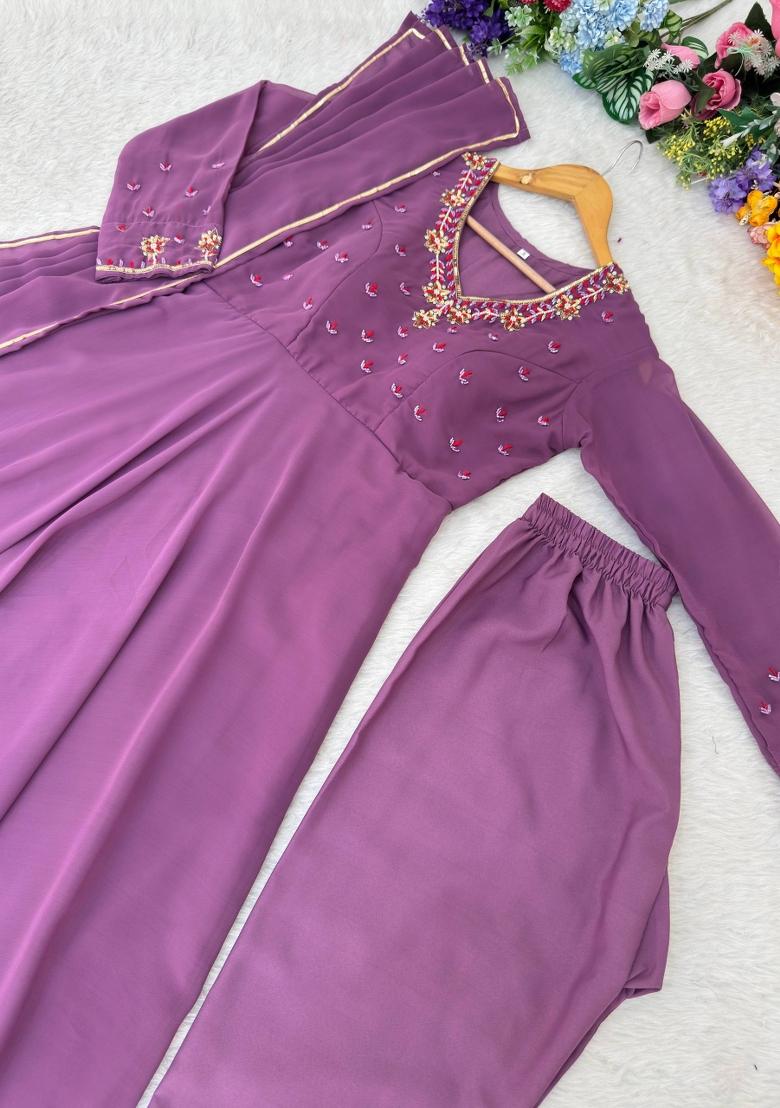 lavender Zari Work faux georgette salwar suit - Indya
