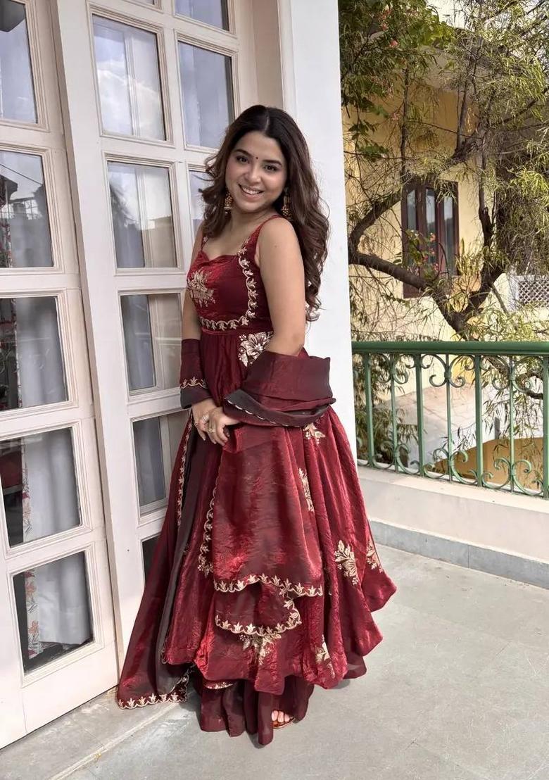 Maroon Zari Work satin salwar suit - Indya