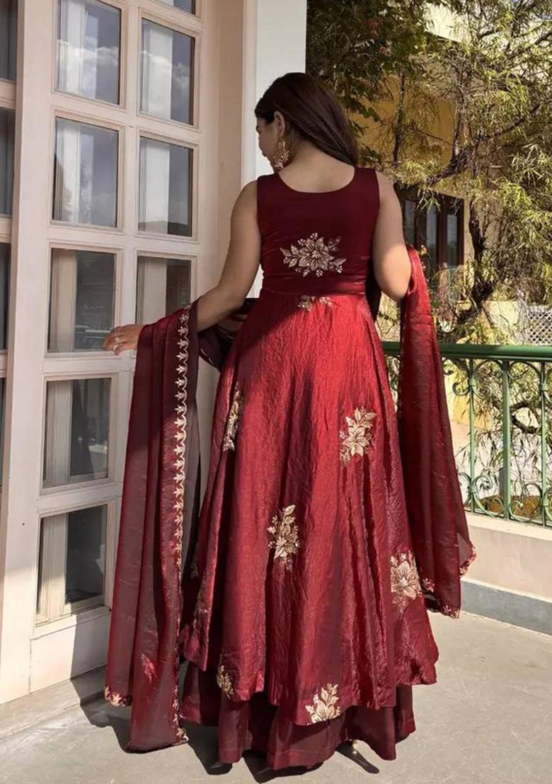 Maroon Zari Work satin salwar suit - Indya