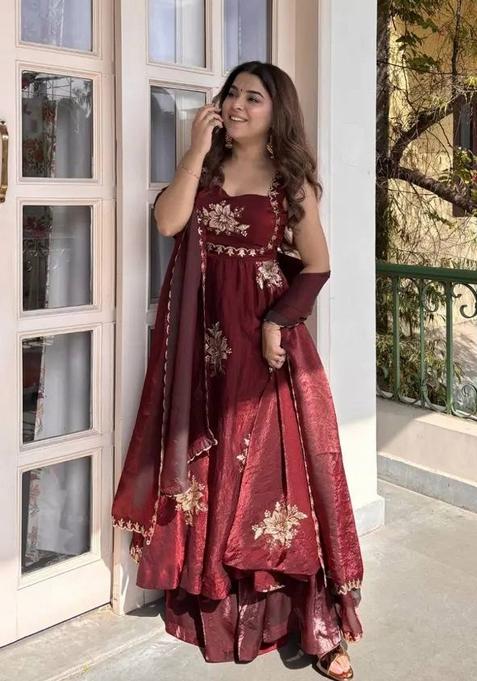 Maroon Zari Work satin salwar suit