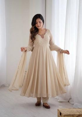 Cream Zari Work faux georgette salwar suit