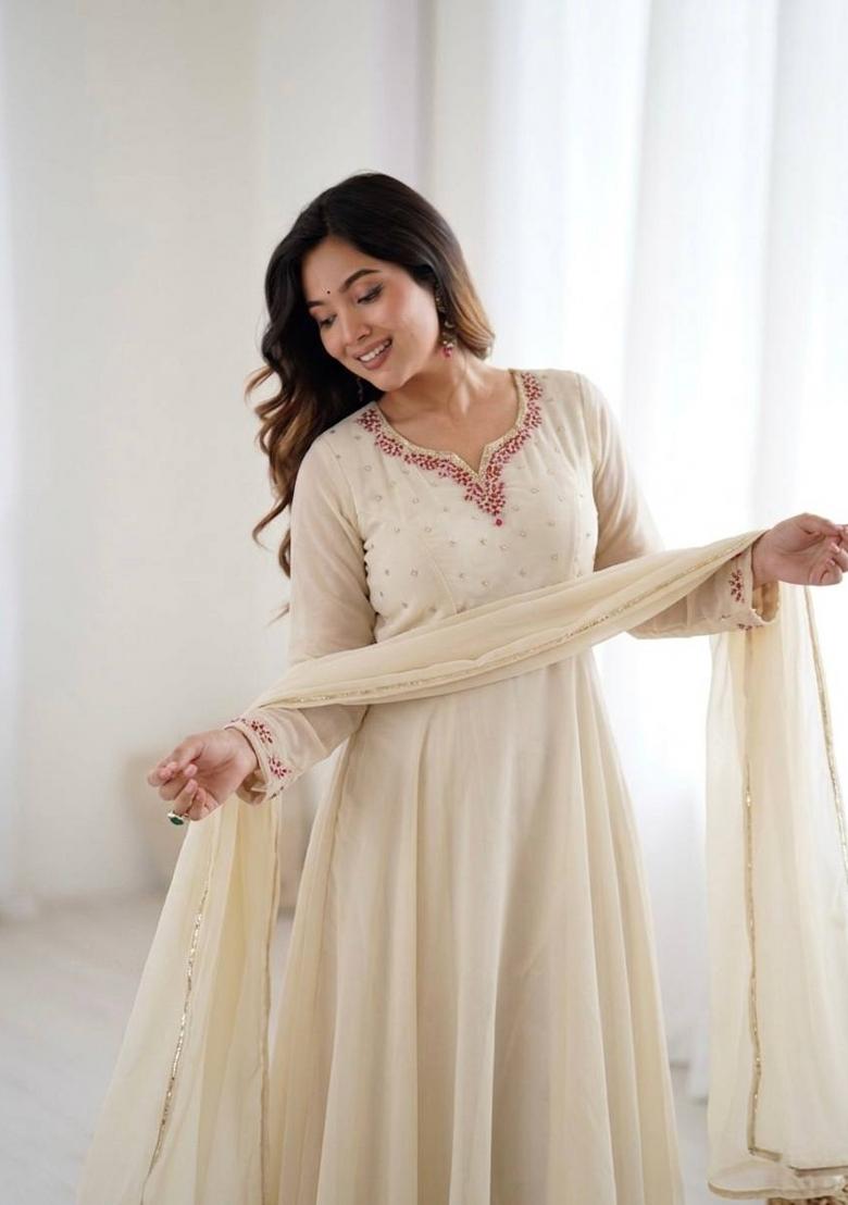 Cream Zari Work faux georgette salwar suit - Indya