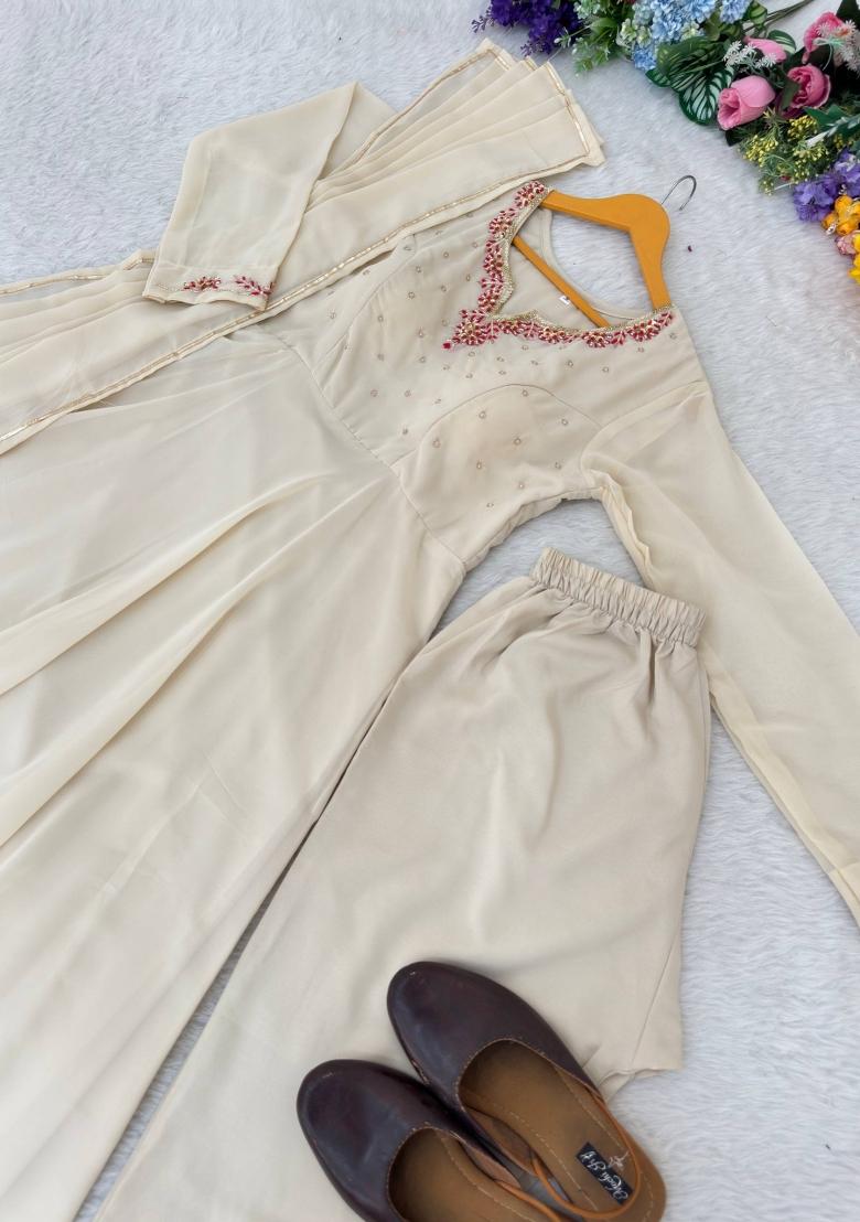 Cream Zari Work faux georgette salwar suit - Indya