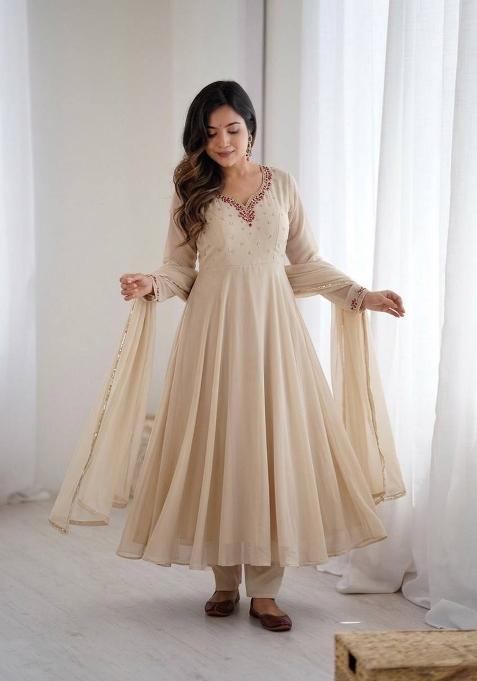 Cream Zari Work faux georgette salwar suit