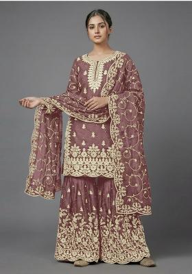 Beige Zari Work Silk Blend salwar suit