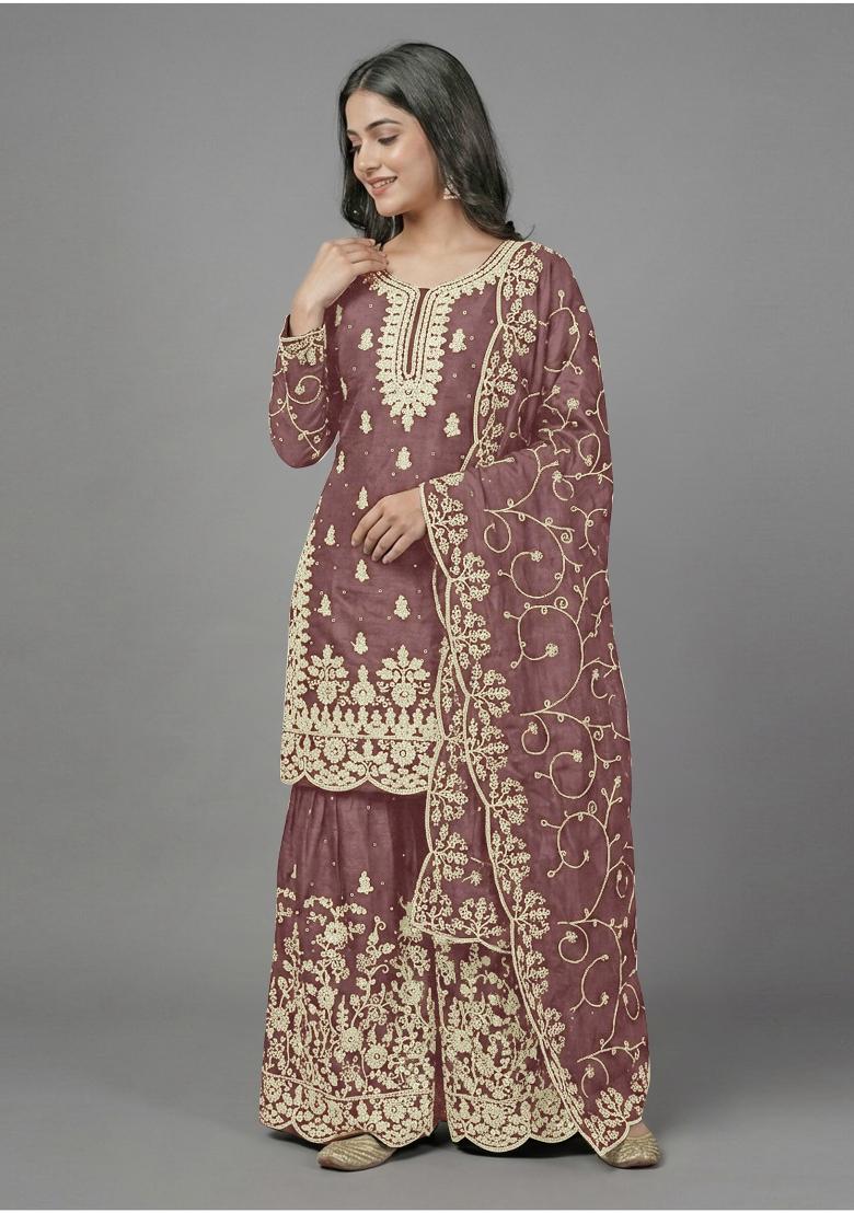 Beige Zari Work Silk Blend salwar suit - Indya