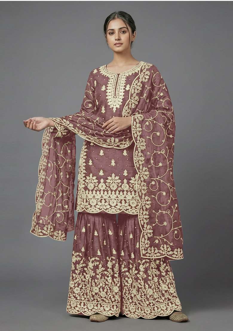 Beige Zari Work Silk Blend salwar suit - Indya