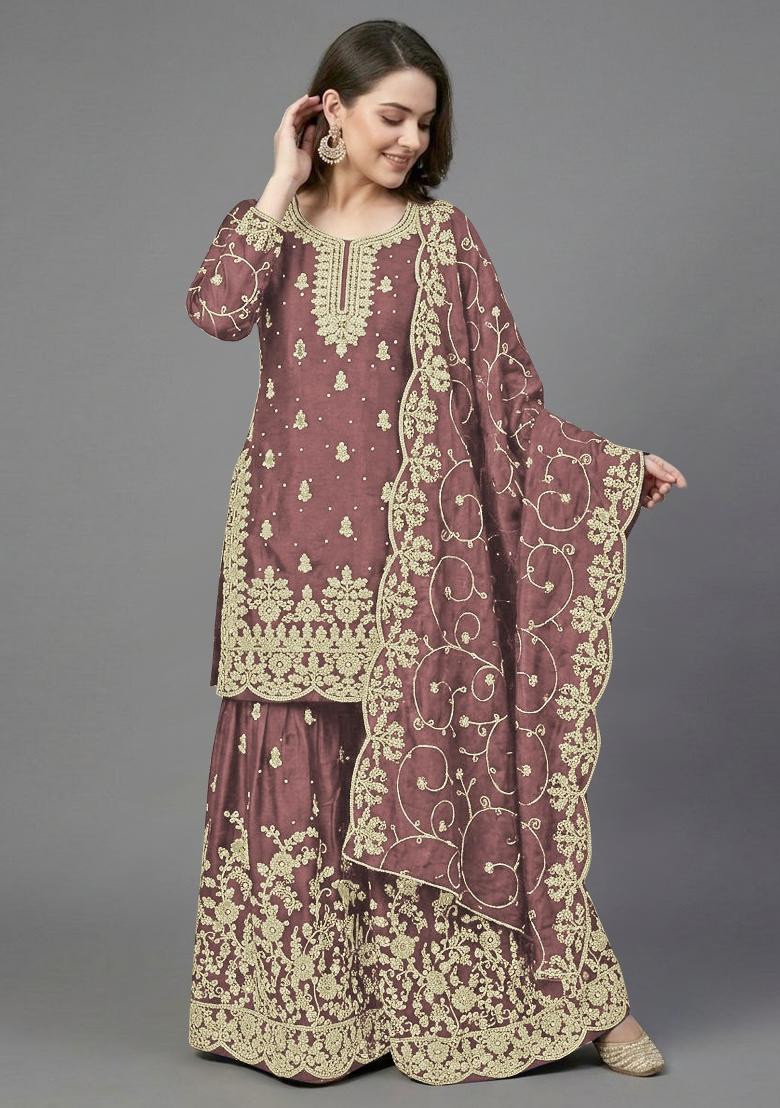 Beige Zari Work Silk Blend salwar suit - Indya