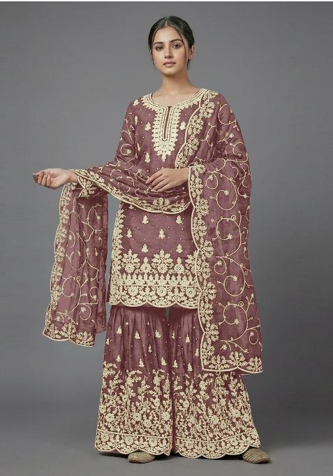 Beige Zari Work Silk salwar suit