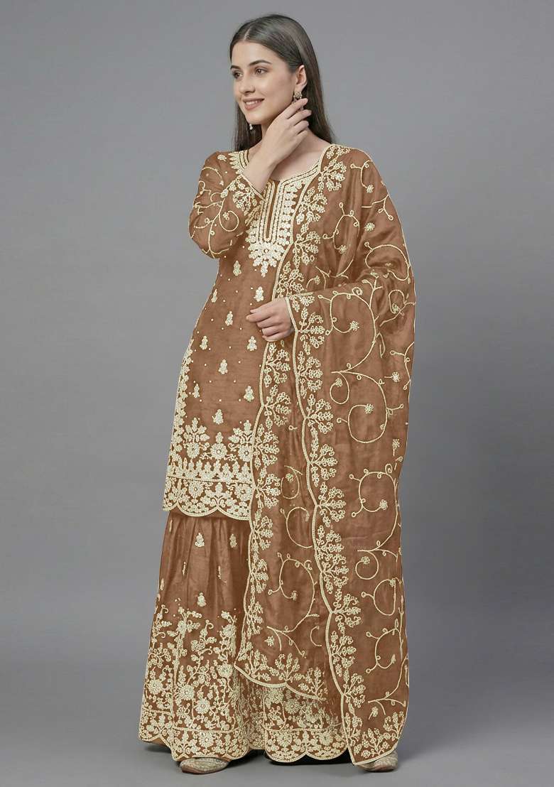 Gold Zari Work Silk Blend salwar suit - Indya