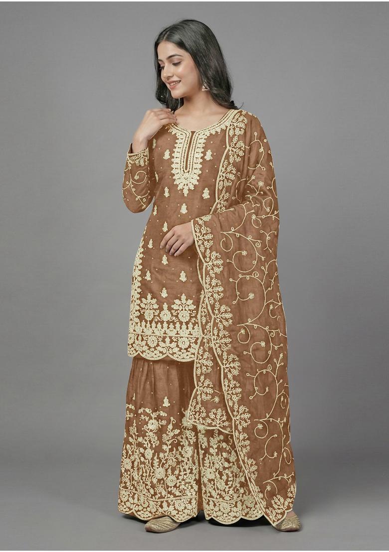 Gold Zari Work Silk Blend salwar suit - Indya