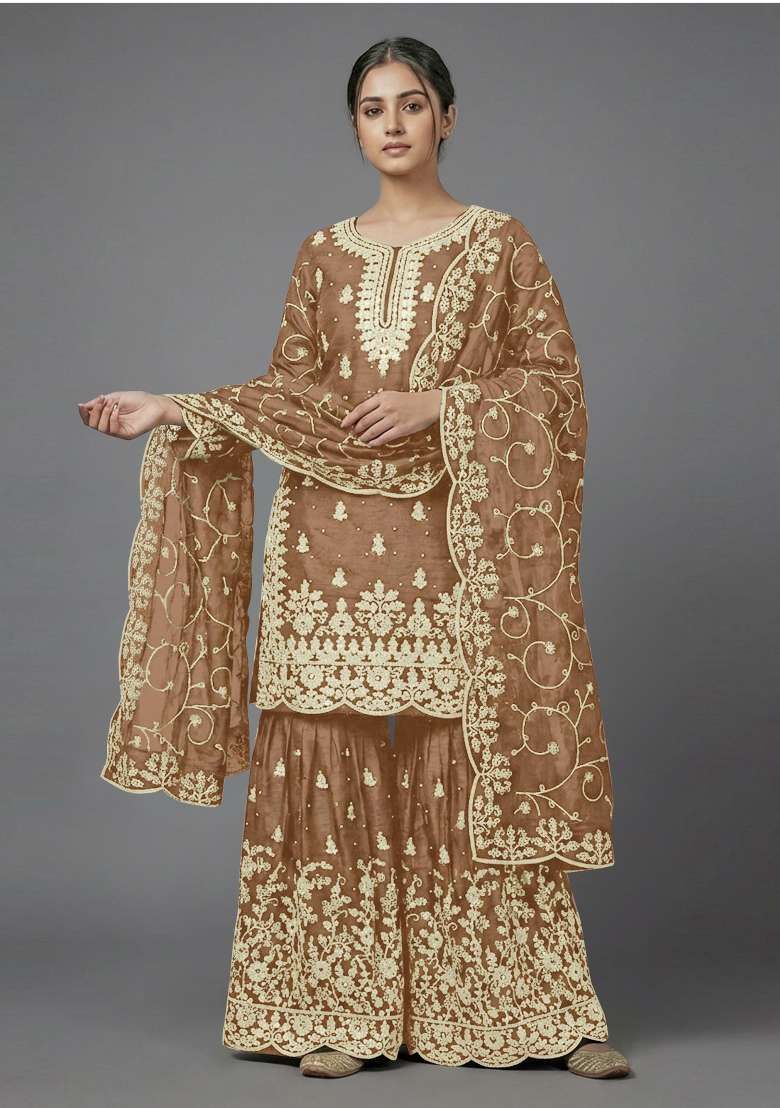 Gold Zari Work Silk Blend salwar suit - Indya
