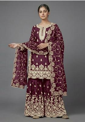Purple Zari Work Silk Blend salwar suit