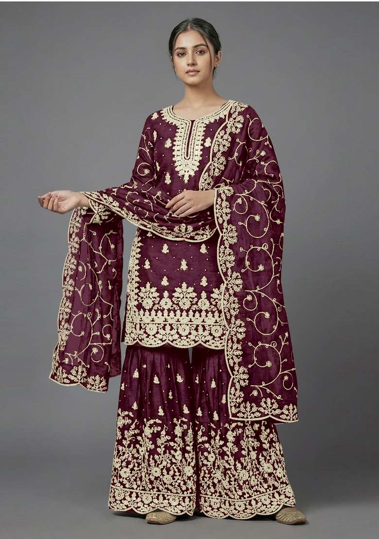 Purple Zari Work Silk Blend salwar suit - Indya