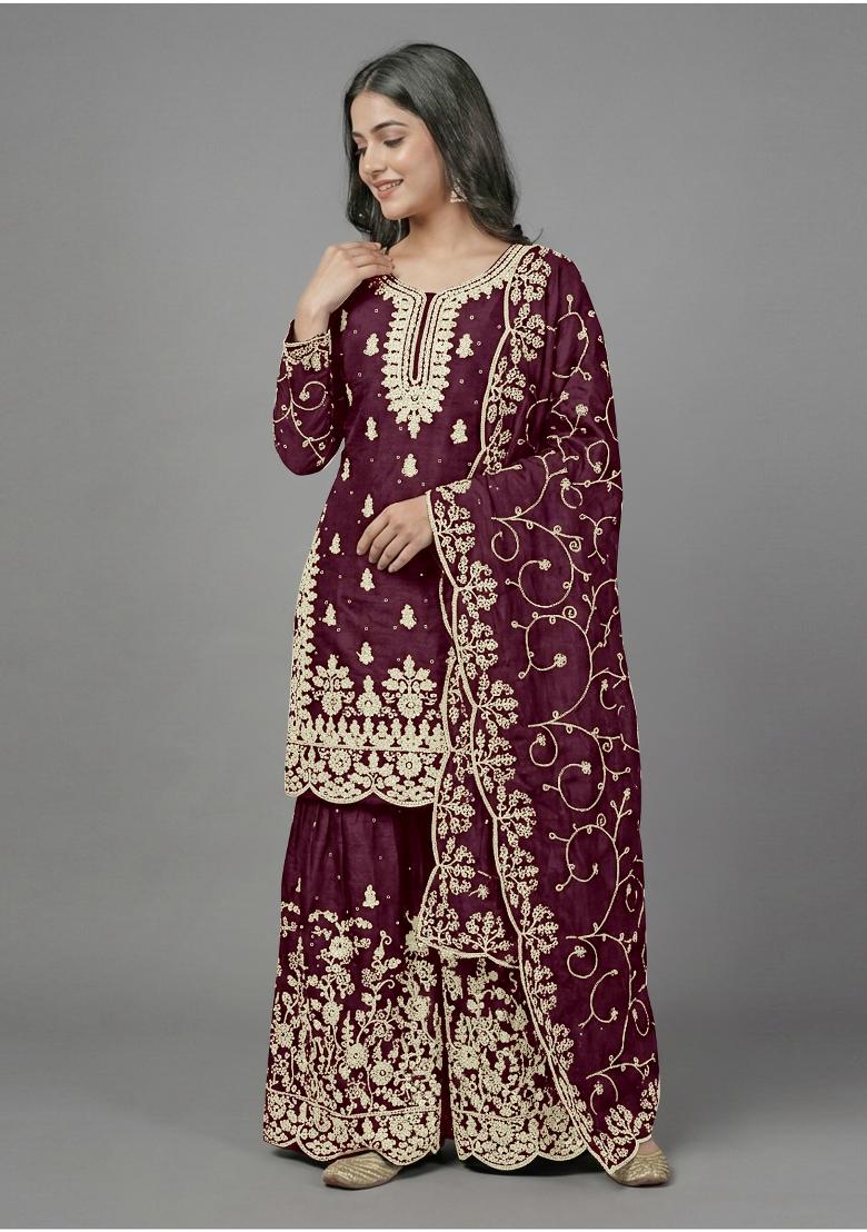 Purple Zari Work Silk Blend salwar suit - Indya