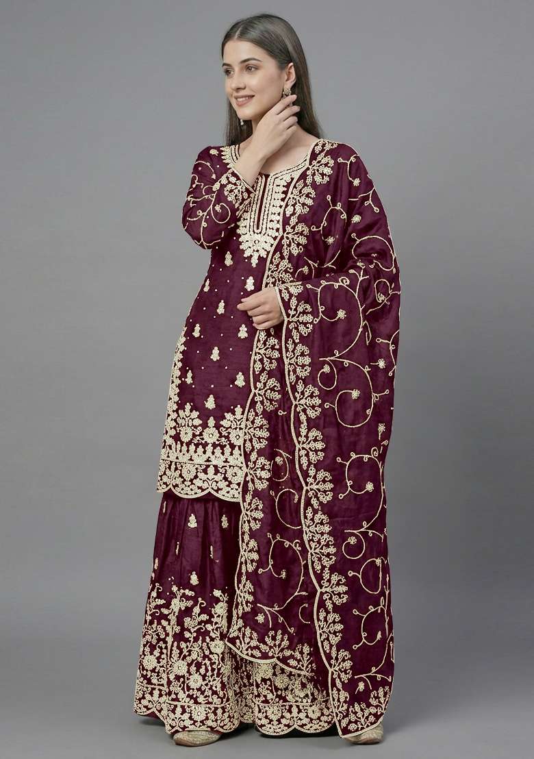 Purple Zari Work Silk Blend salwar suit - Indya