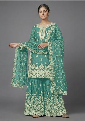light green Zari Work Silk salwar suit