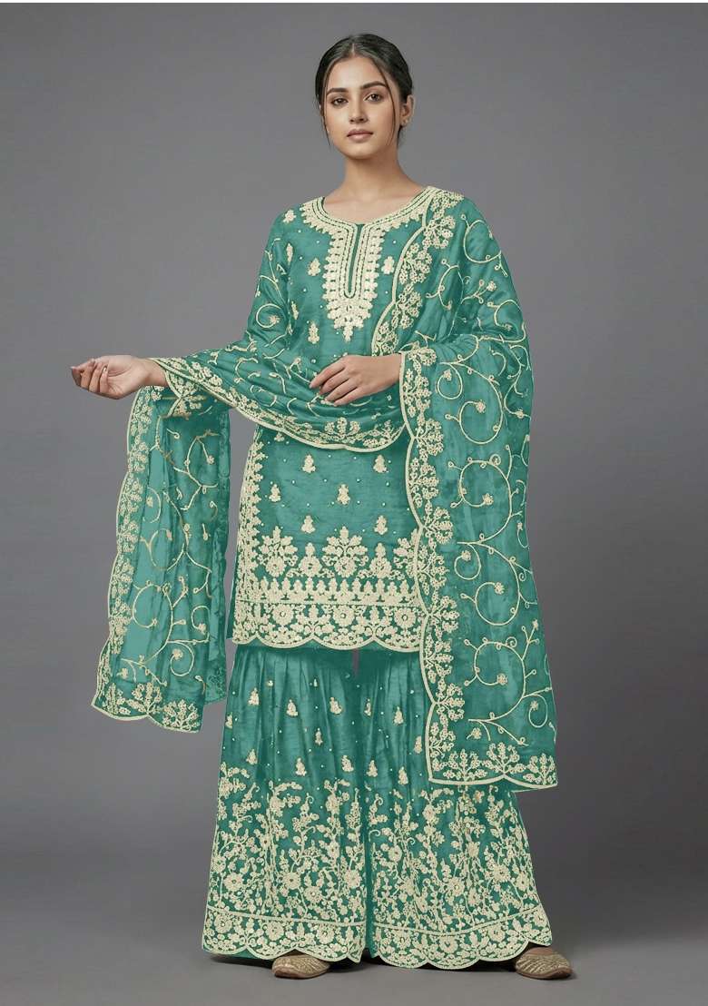 light green Zari Work Silk Blend salwar suit - Indya